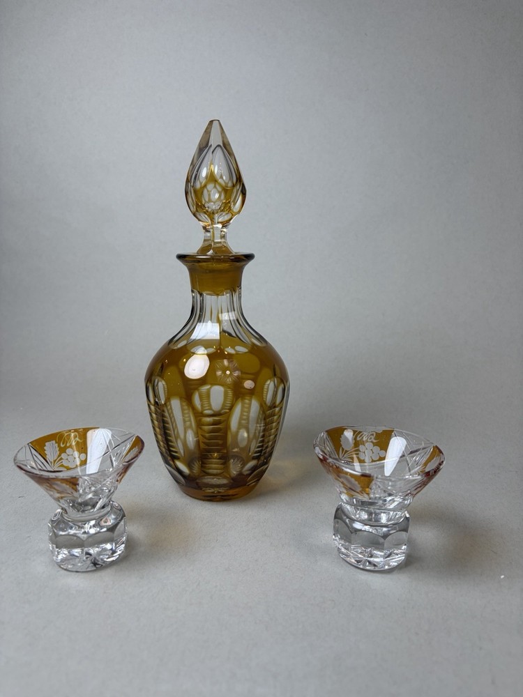 Amber Decanter 2 Bohemian Cut To Clear Cordial Shot Glasses