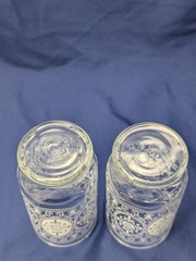 2 Vintage ANCHOR HOCKING Raised White Lace Filigree Floral Glass Glasses 5.25″