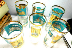 6 Vintage Libbey Southern Comfort Riverboat Highball Glass Tumblers/ Aqua+ Gold