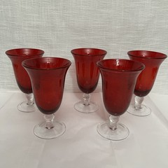 RUBY RED Seeded GLASS GOBLET Clear Stem BELL-SHAPED WINE GLASSES 7.5”