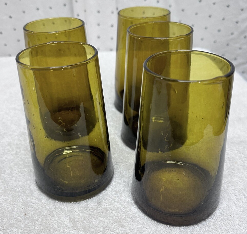 VTG Set of 5 MOROCCAN Tumblers Cone Amber Hand blown Glass 4.75” Tall