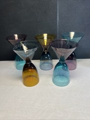 5 Vintage Fifth Ave. Crystal Colorful Etched Reversible Martini/cordial Glasses