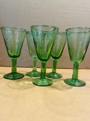 Five Mexican Hand Blown Art Glass Oversized Goblet Green Heavy Decor 8” Tall