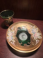 Hand Painted Murano Amber Glass Gold Leaf Floral Shot Glass and plate.