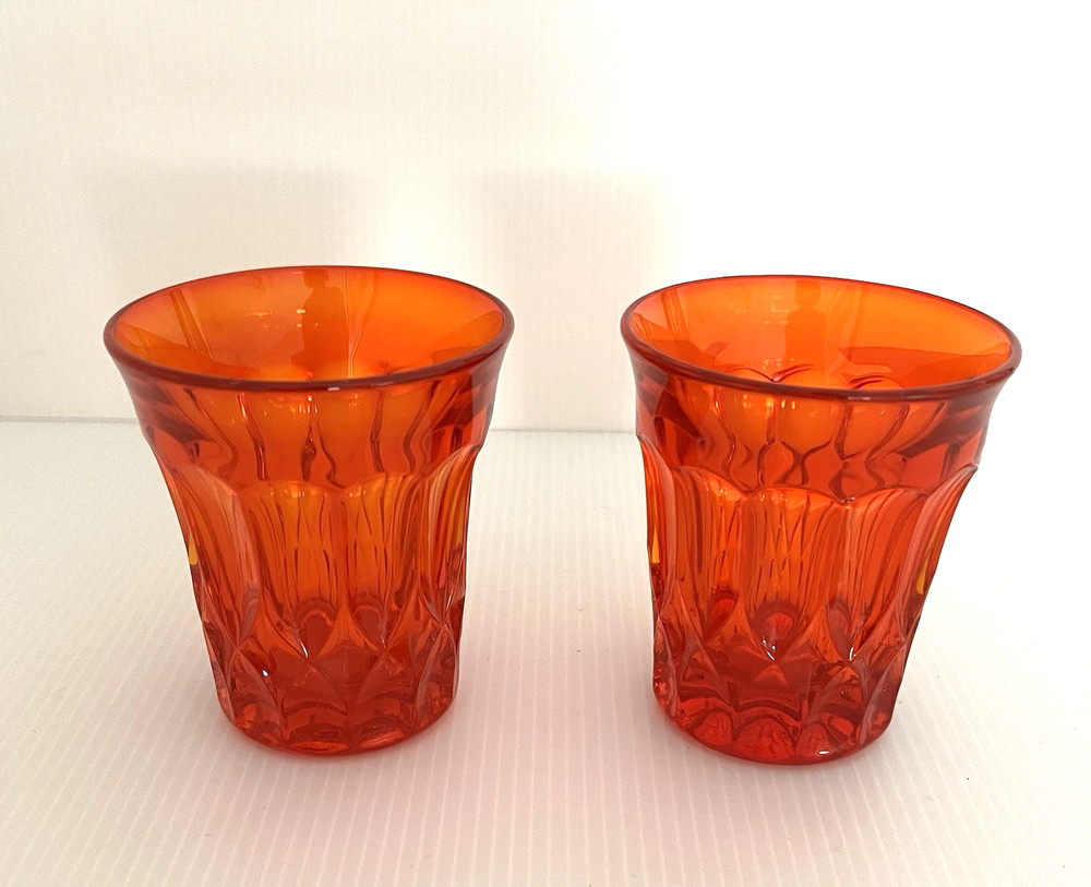 2 MCM Noritake Perspective Tangerine Orange 3.5″ Tall Glasses CADMIUM GLOW HTF