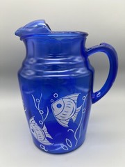 Rare Hazel Atlas Cobalt Blue Pitcher 86 oz White Angel Fish Vintage 1930’s VGC!