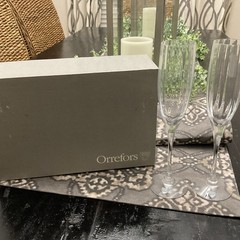 2 Vtg Orrefors Optica Crystal Toasting Champagne Flutes Glasses 9 1/2” In Box