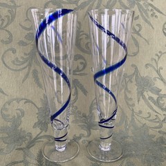 Set Of 2 Pier 1 Imports Cobalt Blue Swirl Swirline Blown Pilsner Beer Glasses