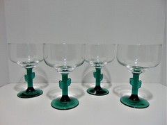 4 Saguaro Cactus Stem Margarita Glasses Green Stem Clear Top (B)
