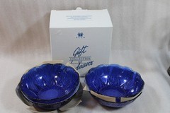 4 AVON Royal Sapphire 6.25″ Cereal Bowls France Glass Cobalt Blue Cut Fan MIB AD