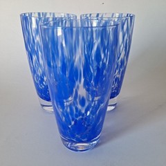 3 Hand Blown Encased Art Glass Tumblers Blue Confetti 6.25″ Drinking Glass