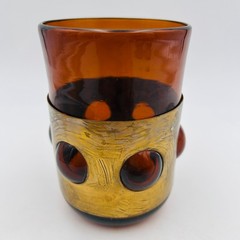 Felipe Derflingher Rocks Glass Caged Amber Glass Brass 14 oz Handmade Vintage