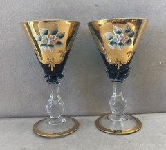 Murano Italy 24 KT Gold Cobalt Blue Venetian Glass Wine Goblet Set
