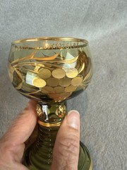 Vintage German Roemer Green Glass Wine Goblets Gold Grapevine Gilt Hand Blown