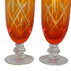 Set of 2 Vintage Orange Etched 6″ Iced Tea Water Glass Goblets RARE