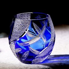 Feather Design Hand Cut To Clear Crystal Glass 12oz Blue Whiskey Glass Tumbler