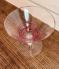 H.C. Fry Art Deco Cranberry Threaded Champagne or Martini Glass-C. 1925