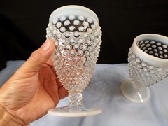 Set of 2 Fenton French Opalescent Glass Hobnail Footed Ice Tea Tumblers Goblets