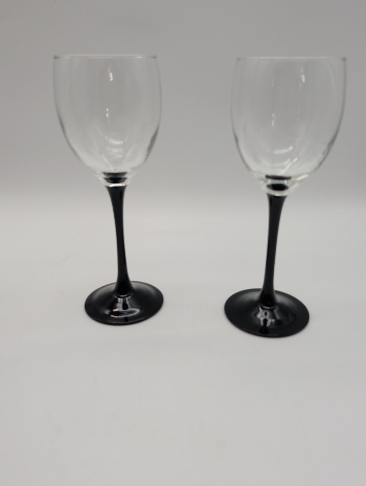 2 Vtg Domino White Wine Glasses Black Stem 7.75″