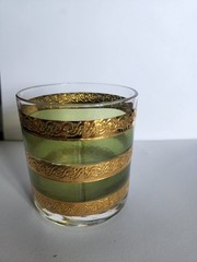 Set of 4 MCM Culver Starlyte 22k Gold Gilded Green Striped Rocks Lowball Glasses
