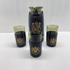 Vintage Barware Set Of 4 Green Glass Leather Wrapped MCM