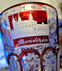 Czech Ruby Stained Glass Spa Beaker Floral Etch Teplitz Various Spa Locations