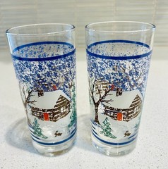 Vintage Libbey Winter Cabin Country Snow Scene Tumbler Glasses Set of Two w/Tags