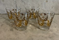 Set of 4 Vintage MCM Gold Transfer Design Whiskey Glasses