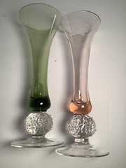 2 Vintage Hand Blown Glass Multi-color Champagne Flutes W/ Icy Ball Stems 2.5oz