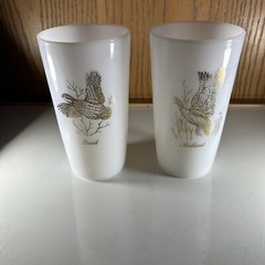 Set Of 2: 22k Gold Mallard Duck/ Quail Milk Glass Tumblers 5”x3”