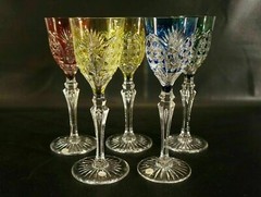 Set of 5 Vintage VAL ST LAMBERT Richepin Cut to Clear Crystal Wine Water Goblet.