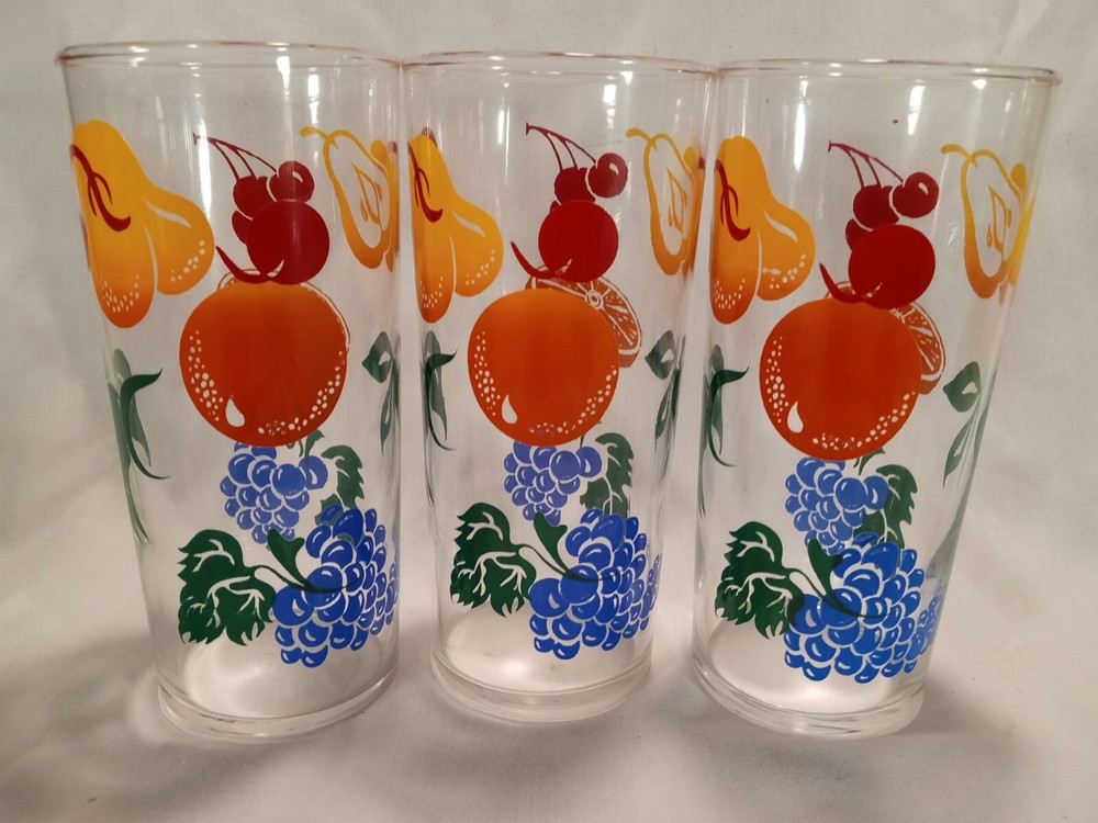 6 1/4″ Vintage Tom Collins Tea Glasses Fruit Cherry Grape Orange Pear Set of 3