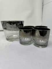 Vintage MCM Queen’s Lustreware 4 Lowball Glasses & Ice Bucket Silver Fade