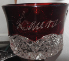 Antique Red Ruby or Cranberry Glass; Tiny Mug/ Toothpick Holder & LAURA Teacup