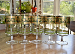 Vintage Cera Glass Water Goblets Grecian Green 22K Gold Grapes Set of 5