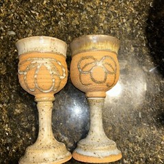 2 Pottery Stoneware Goblets Bow Design 7”