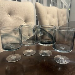 Blue Smoke Crystal Wine Glasses Barrel Bowl Clear Short Stem Hand Blown 5″ Tall