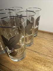 Libbey Platinum Leaves Glasses MCM 6” Silver Rim 16 oz, Set Of 6