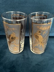 Highball Hollywood Regency Bird Tree Glasses 22kt Gold RARE Must SEE WOW