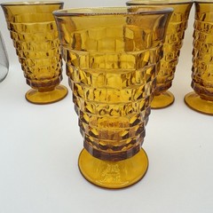 Set Of 4 Vintage Indiana Glass Whitehall Cubist Amber Footed Iced Tea Glasses (B