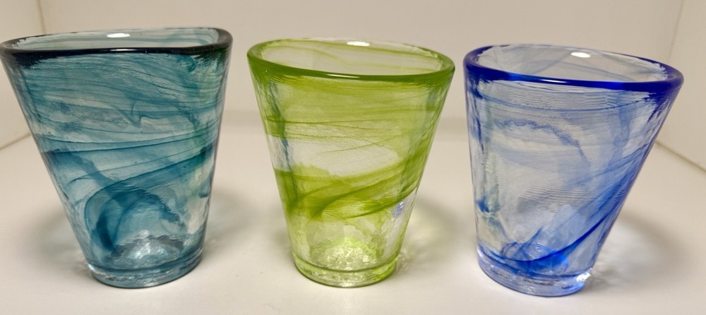 Kosta Boda Ulrica Hydman Vallien Swirl Glass Tumblers Lot Of 3-Blue Teal Green