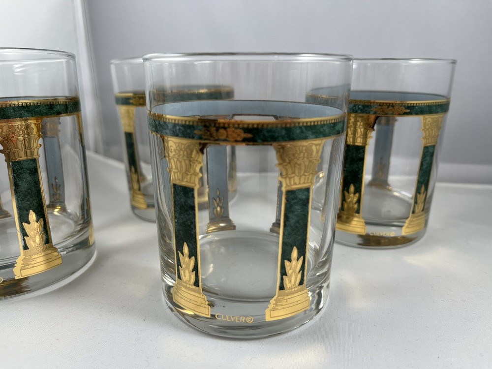 Culver glasses, set of 4 – green & 22K gilt Greek columns, rocks tumblers 80s