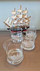 Vintage Toscany 4 Hand Blown Etched Crystal Old Fashioned Clipper Ship Glasses