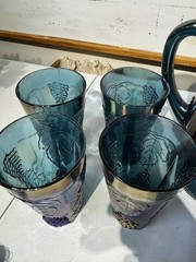 Indiana HARVEST GRAPE BLUE Carnival Glass iridescent PITCHER SET w/8 TUMBLERS