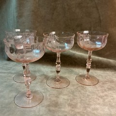 1930s Tiffin glass pink FONTAINE fountain bird etched sherbet/champagne Stems