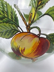 Vintage Fruit Glass Pitcher Set 4 Juice Glasses Lemon Cherry Grape Peach Gold