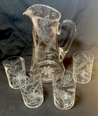 Vintage Cut Crystal Pitcher & 4 Glasses, Flower & Butterfly Cutting