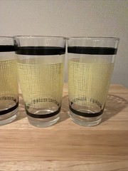VTG Rare 1940-50s Yellow BURLAP (4) Tumbler Retro Glasses Black Border Barware