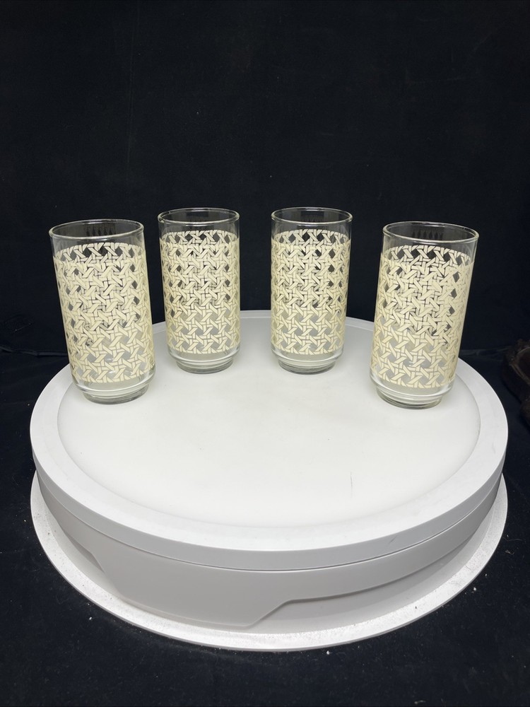 Set 4 Libbey Vintage Cane Woven Rattan Pattern Glasses 5.5” Gold Rimmed (4)