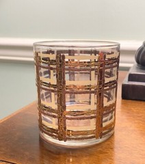 6 MCM Culver Rock Glasses Brown Cream 24k Gold Plaid Basket Weave Old-Fashioned